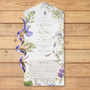 Invitation Tout En Un Russe Lavande Fleur sauvage Blanc Trois Dîner