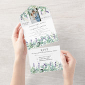 Invitation Tout En Un Russe Lavande Photo Eucalyptus RSVP Mariage (Déchirure)
