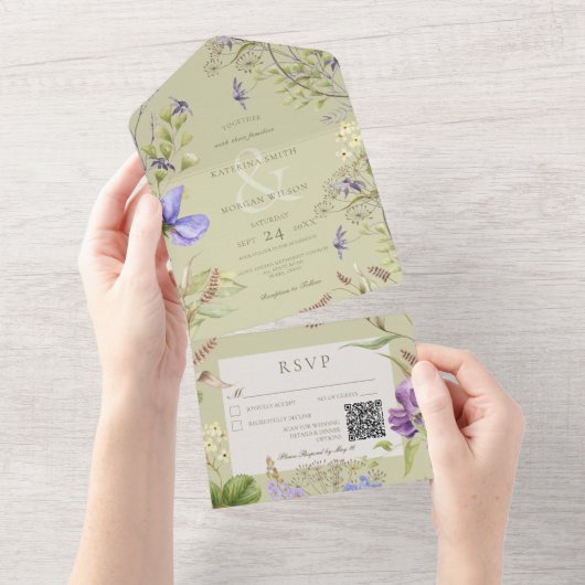 Invitation Tout En Un Russe Lavender Fleurs sauvages Sage QR Code (Déchirure)