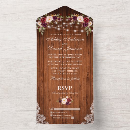 Invitation Tout En Un Russe Mariage Bourgogne Floral Lumières dentelle e (À l'intérieur)