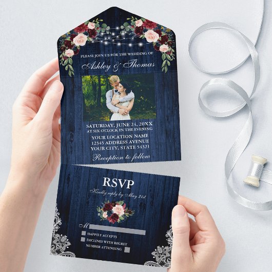 Invitation Tout En Un Russe Mariage Floral Bleu Bois Lumières Dentelle P