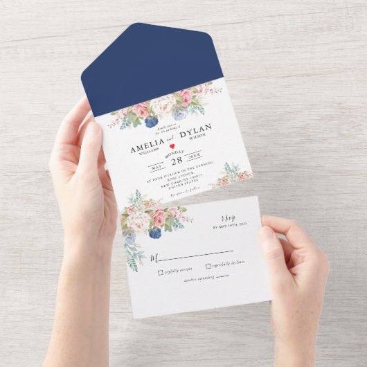 Invitation Tout En Un Russe Marine Blush rose Floral moderne (Déchirure)