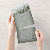 Invitation Tout En Un Russe Mountain Mist Forest Green QR Code (Déchirure)