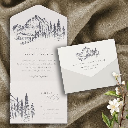 Invitation Tout En Un Russe Navy Pine Woods Mountain Sketch Mariage