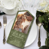 Invitation Tout En Un Russe Olive Green Faux Burlap Photo QR Code