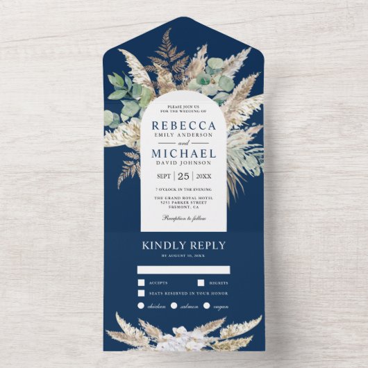 Invitation Tout En Un Russe Pampas Eucalyptus Arch Mariage bleu marine (À l'intérieur)