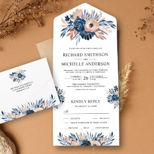 Invitation Tout En Un Russe Pays Mariage bleu et beige Floral