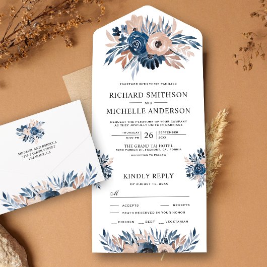 Invitation Tout En Un Russe Pays Mariage bleu et beige Floral