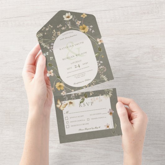 Invitation Tout En Un Russe Sage Vert Fleur sauvage Cadre Dîner (Déchirure)