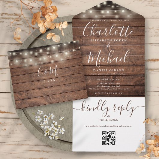 Invitation Tout En Un Russe String lights QR Code Monogramme Mariage