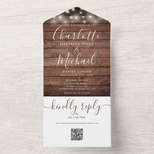 Invitation Tout En Un Russe String lights QR Code Monogramme Mariage (À l'intérieur)