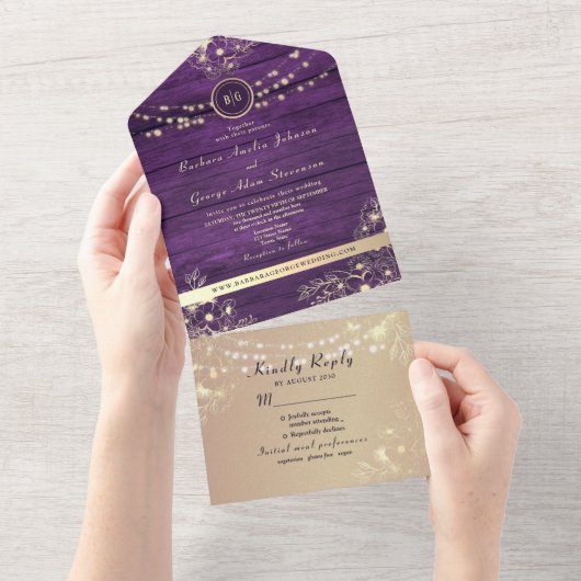 Invitation Tout En Un Russe String lights violet Mariage (Déchirure)