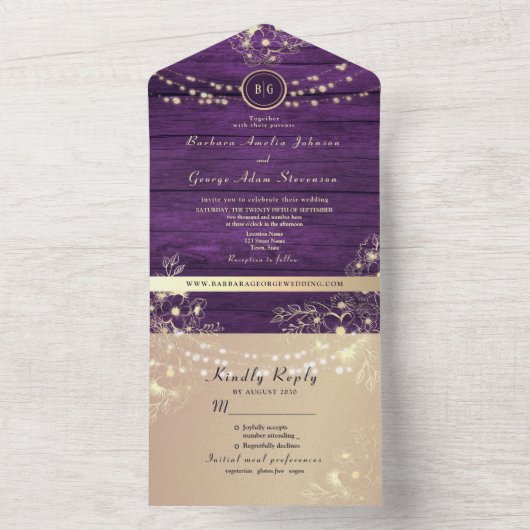 Invitation Tout En Un Russe String lights violet Mariage (À l'intérieur)