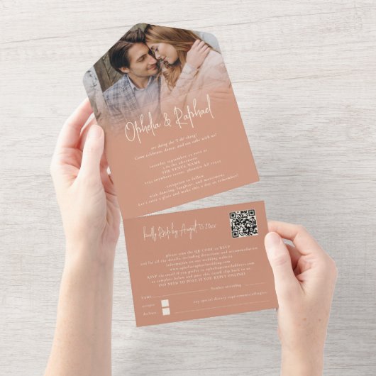 Invitation Tout En Un Russe superposition photo QR Code Mariage en terre (Déchirure)