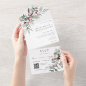 Invitation Tout En Un Russe Winter Holly Berries & Snow QR Code (Déchirure)