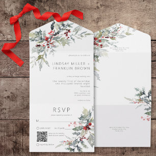 Invitation Tout En Un Russe Winter Holly Berries & Snow QR Code