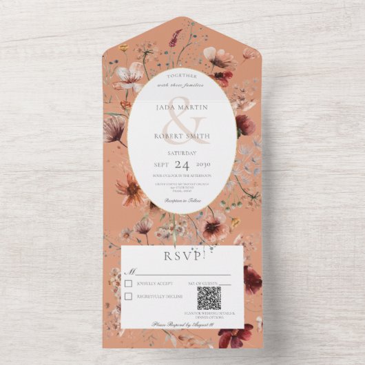 Invitation Tout En Un Rust & Burange Fleur sauvage Floral QR Code (À l'intérieur)