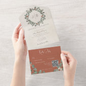 Invitation Tout En Un Rust & Green Eucalyptus Modern QR Code (Déchirure)