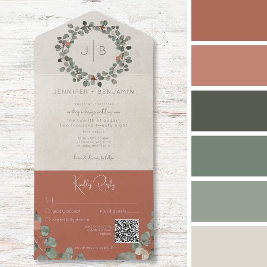 Invitation Tout En Un Rust & Green Eucalyptus Modern QR Code