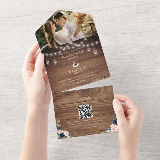 Invitation Tout En Un Rustic Barn Wood & Floral Mariage QR Code Photo (Déchirure)
