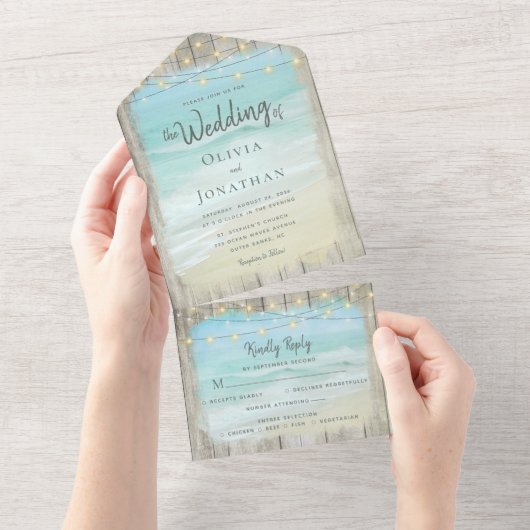 Invitation Tout En Un Rustic Beach String Lumières Destination Mariage (Déchirure)
