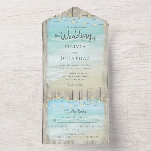 Invitation Tout En Un Rustic Beach String Lumières Destination Mariage (À l'intérieur)