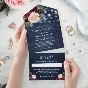 Invitation Tout En Un Rustic Blue Burgundy Floral String Lights Wedding