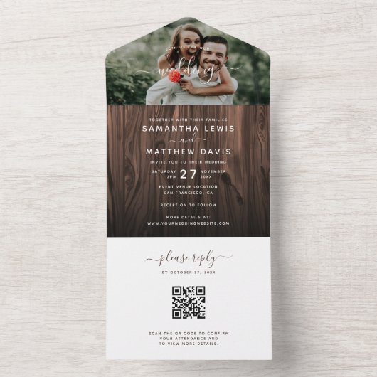 Invitation Tout En Un Rustic Bois Photo Mariage extérieur QR Code RSVP (À l'intérieur)