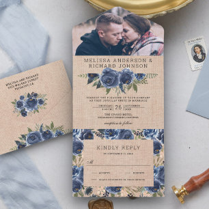 Invitation Tout En Un Rustic Burlap Navy Blue Floral Photo Mariage