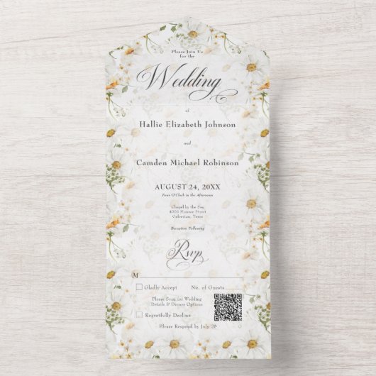 Invitation Tout En Un Rustic Country Daisy Floral QR Code (À l'intérieur)