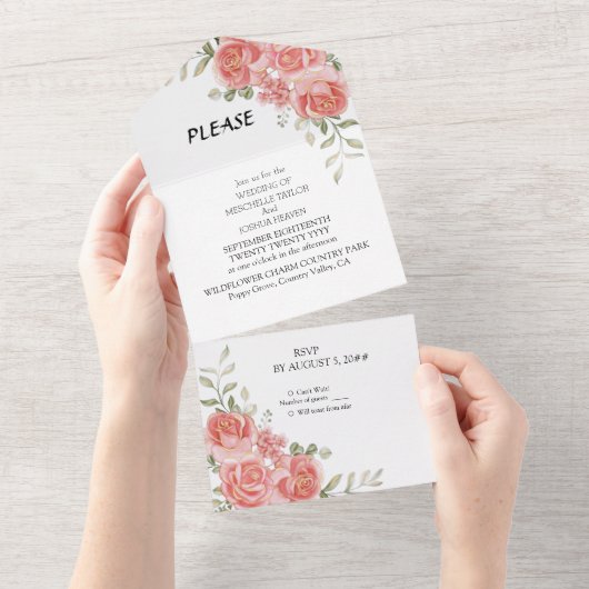 Invitation Tout En Un Rustic Country Pinkflower Mariage All-in-One Invit (Déchirure)