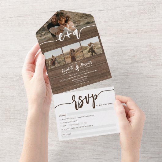 Invitation Tout En Un Rustic Elegant 4 Photos brun script mariage (Déchirure)