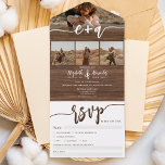 Invitation Tout En Un Rustic Elegant 4 Photos brun script mariage<br><div class="desc">Elégant rustique brun de la grange bois élégant classique dans un faire-part de mariage de calligraphie avec rsvp et initiales monogramme. Avec un script moderne et tendance,  ajoutez 4 de vos photos.</div>