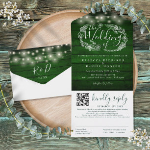 Invitation Tout En Un Rustic Emerald Green String Lights QR Code Mariage