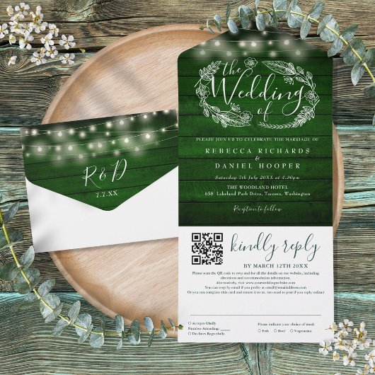 Invitation Tout En Un Rustic Emerald Green String Lights QR Code Mariage