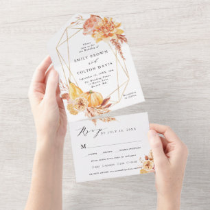 Invitation Tout En Un Rustic Fall Floral Citrouille or Mariage géométriq