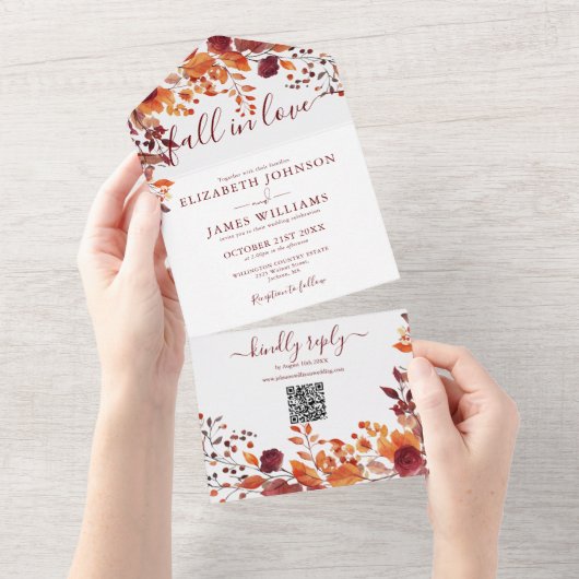 Invitation Tout En Un Rustic Fall In Love Automne Floral QR Code Mariage (Déchirure)