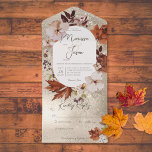 Invitation Tout En Un Rustic Fall Neutral Wreath Or Pas de dîner<br><div class="desc">IL EST ÉGALEMENT DISPONIBLE AVEC UN CODE QR À ANALYSER OU AVEC DES OPTIONS DE SÉLECTION DE DÎNER. Ce design présente une douce couronne d'automne de tan, brun, rouille, violet et crème sur un arrière - plan doux et pétillant parties scintillant de champagne. Les invitations tout-en-un personnalisées sont une combinaison...</div>