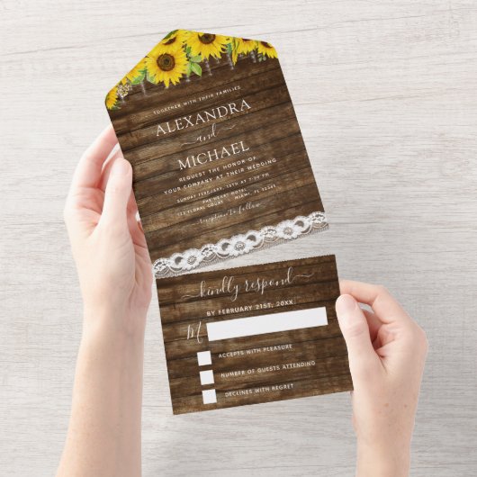 Invitation Tout En Un Rustic Farmhouse Sunflower Lace Mariage RSVP (Déchirure)
