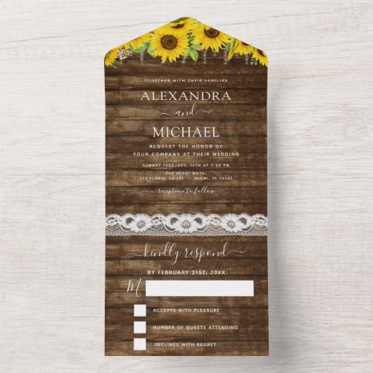 Invitation Tout En Un Rustic Farmhouse Sunflower Lace Mariage RSVP (À l'intérieur)