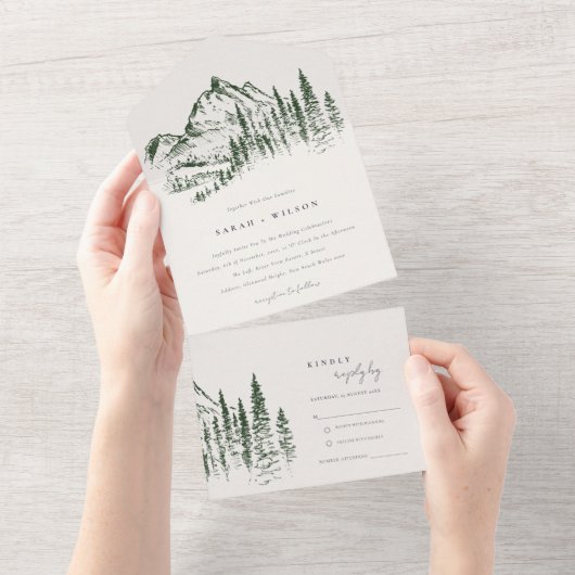 Invitation Tout En Un Rustic Green Pine Woods Mountain Sketch Mariage (Déchirure)