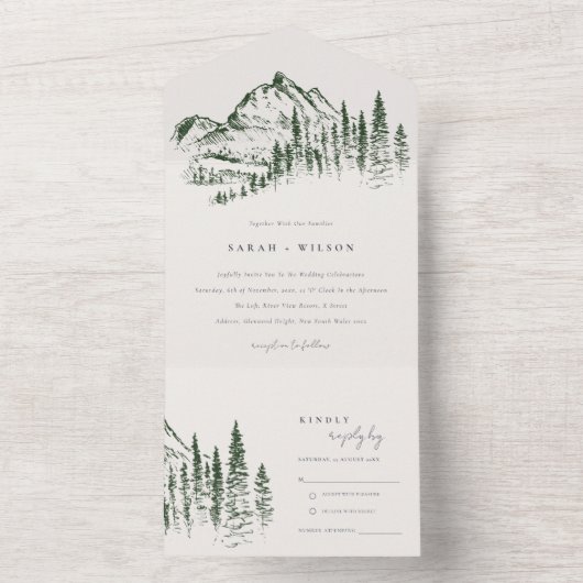 Invitation Tout En Un Rustic Green Pine Woods Mountain Sketch Mariage (À l'intérieur)