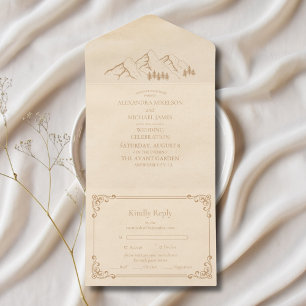 Invitation Tout En Un Rustic Green Pine Woods Mountain Sketch Mariage