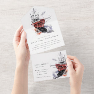 Invitation Tout En Un Rustic Harbour Yacht Sailboat Mariage aquarelle