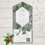 Invitation Tout En Un Rustic Holiday Green & Red Berries Code QR<br><div class="desc">IL EST ÉGALEMENT DISPONIBLE AVEC UN CODE QR À ANALYSER DANS LA ZONE RSVP OU SANS OPTIONS DE SÉLECTION DE DÎNER. Ce design faire-part de mariage présente un cadre magnifique de pin d'hiver, saint, eucalyptus et d'autres verdure avec des baies sèches rouges. L'arrière - plan est un vert sage doux...</div>
