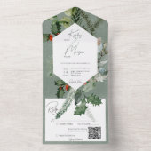 Invitation Tout En Un Rustic Holiday Green & Red Berries Code QR (À l'intérieur)