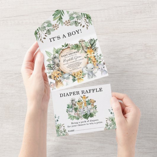 Invitation Tout En Un Rustic Jungle Safari Animaux Garçon Baby shower (Déchirure)