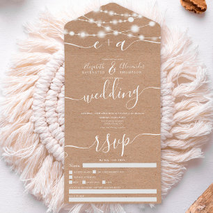 Invitation Tout En Un Rustic kraft string lights initiales script mariag