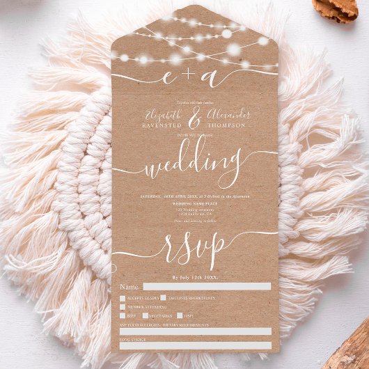 Invitation Tout En Un Rustic kraft string lights initiales script mariag