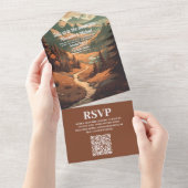 Invitation Tout En Un Rustic Mountain Forest Code QR Mariage À feuillage (Déchirure)